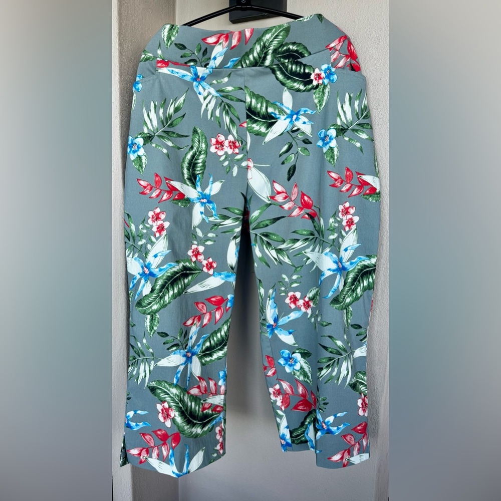 Coral Bay Pull-On Straight Leg Capri Gray Blue/Orange/Green Floral Stretch 16